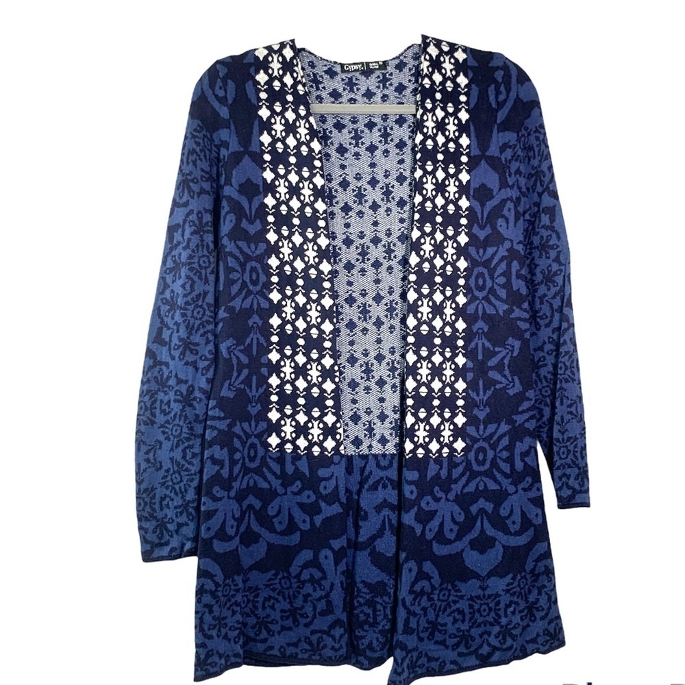 Gypsy Global Village Print Open Knit Cardigan - Blue/White, Size XS